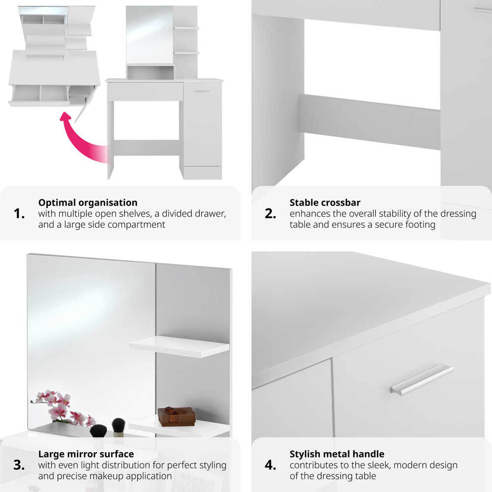 tectake Zoe Single Door Single Drawer White Dressing Table with Mirror Image 4