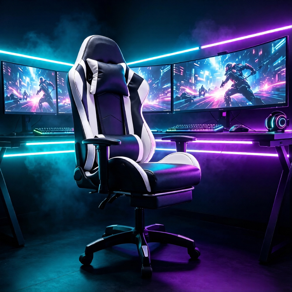 Living and Home Black and White RGB LED Bluetooth Speaker Gaming Chair with Massage and Footrest Image 7