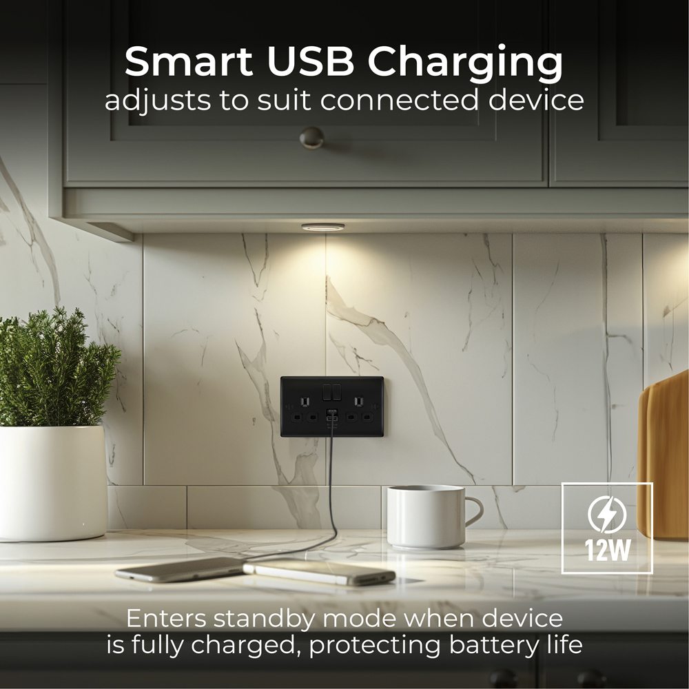 BG Nexus Metal 2 Gang 13A Matt Black Switched Socket with USB-A and USB-C Port Image 8