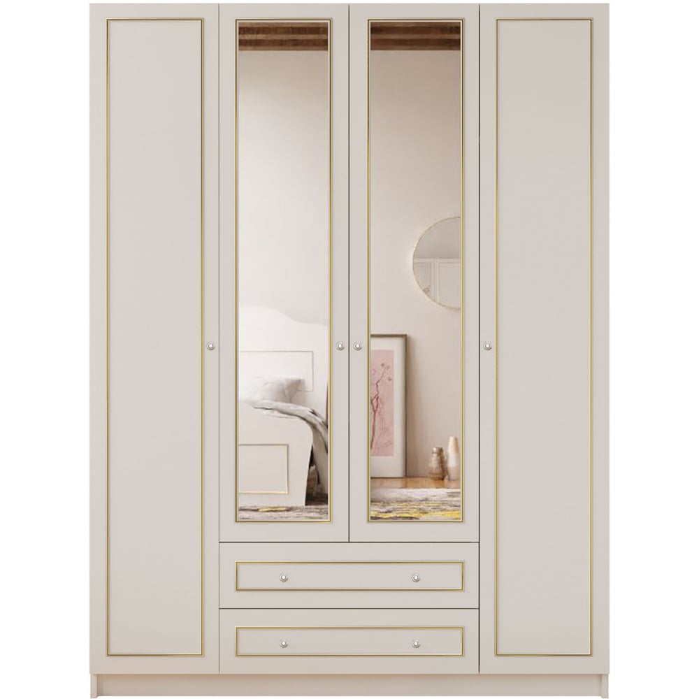 Evu MARIE 4 Door 2 Drawer Gold and White XL Mirrored Wardrobe Image 3