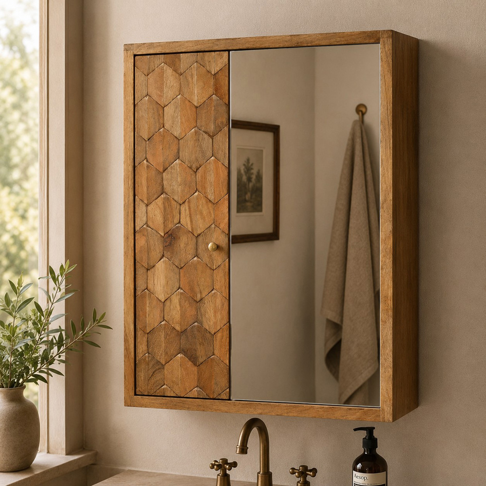 Artisan Furniture Oak-ish 2 Door Solid Wood Pineapple Carved Mirrored Cabinet Image 7