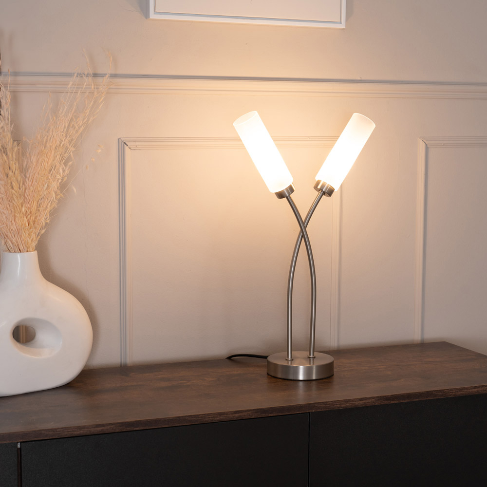 ValueLights Maya 2 Way Brushed Chrome Curved Crossover Reed Shaded LED Table Lamp Image 2