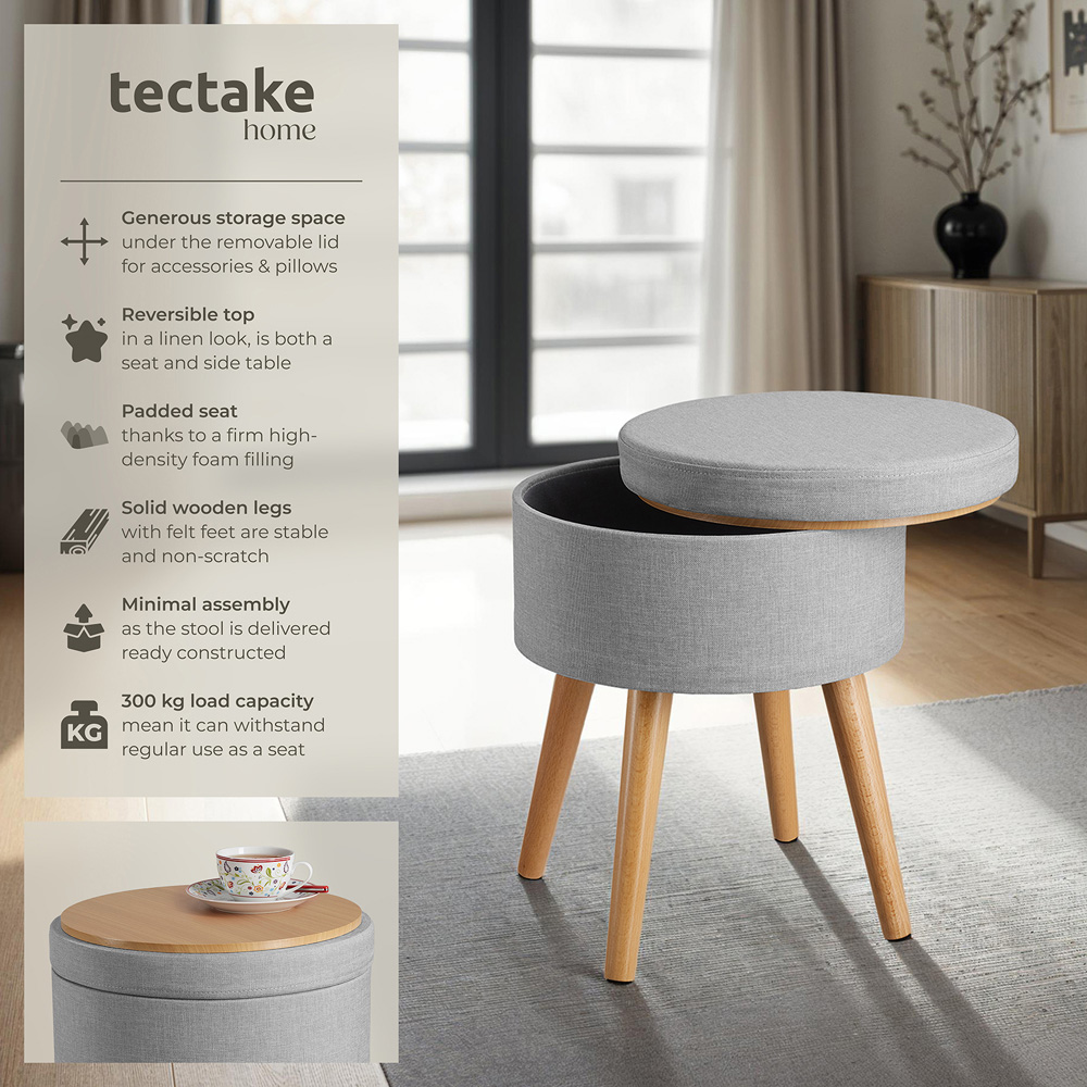 tectake Yara Light Grey Linen Look Padded Round Stool with Storage Image 6