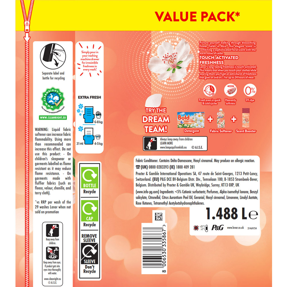 Lenor Touch Activated Freshness Fabric Conditioner Jasmine and White Cedar Image 2