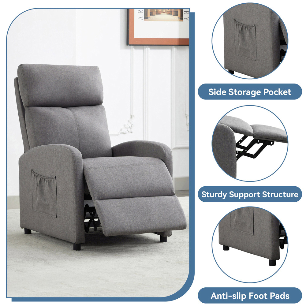 Linen Fabric Grey Recliner Pushback Adjustable Arm Chair Image 6