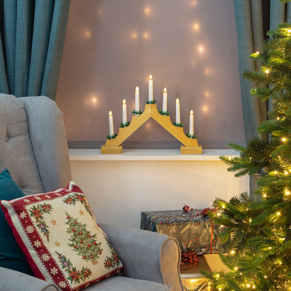 The Christmas Workshop 7 LED Battery Operated Pine Wooden Candle Bridge Light Image 6