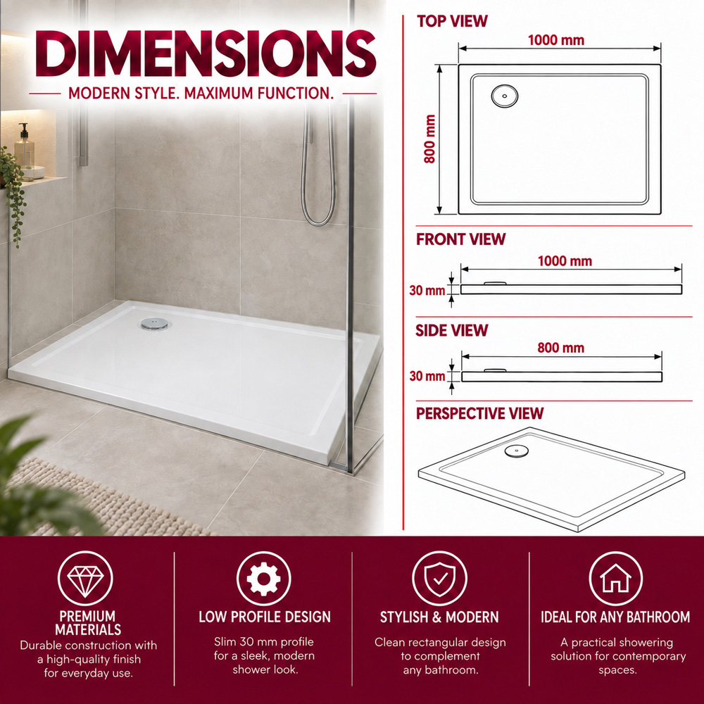 Go Bathrooms Delton 30mm White Low Profile Rectangular Shower Tray 1000 x 800mm Image 6