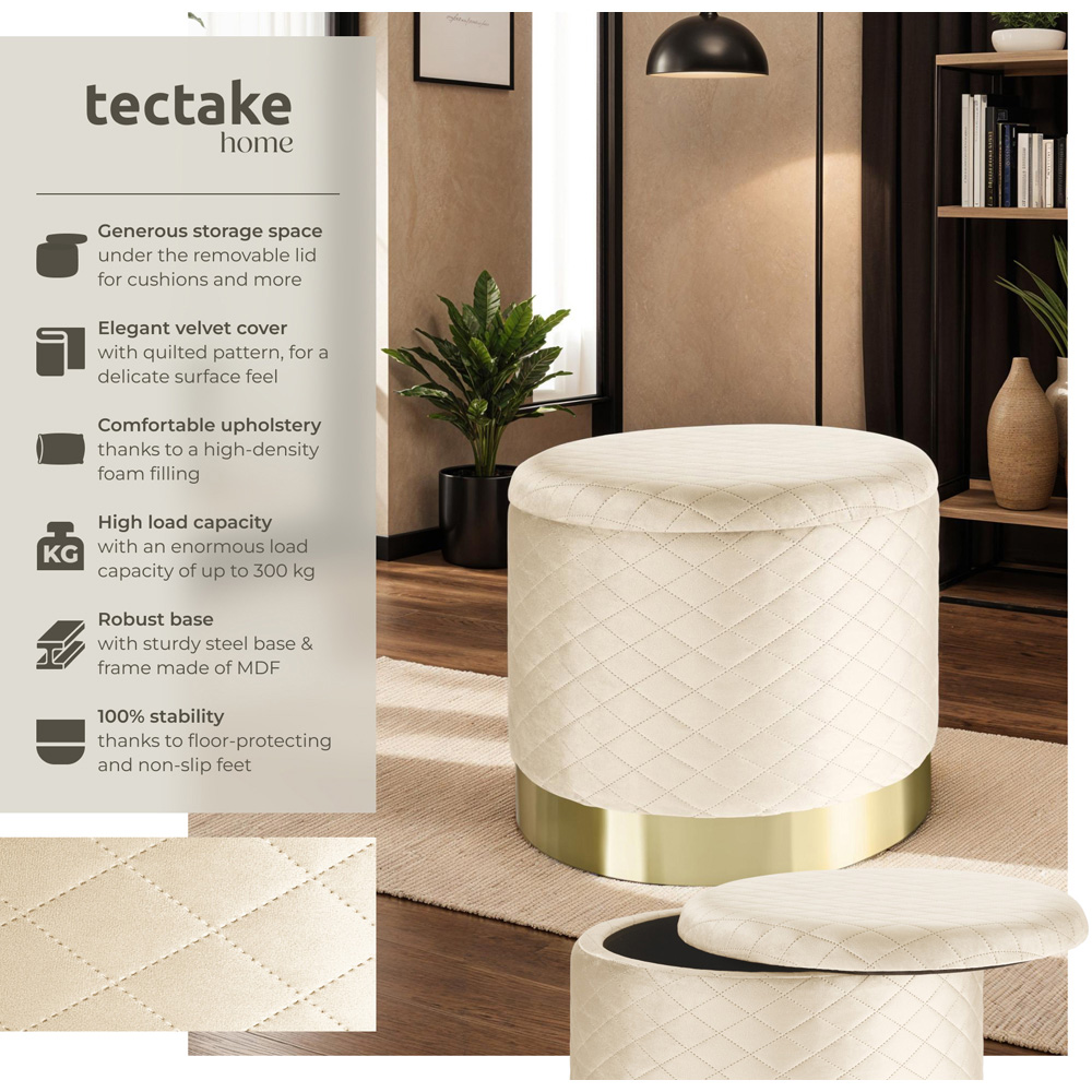 tectake Coco Cream Velvet Look Quilted Padded Round Stool with Storage Image 6