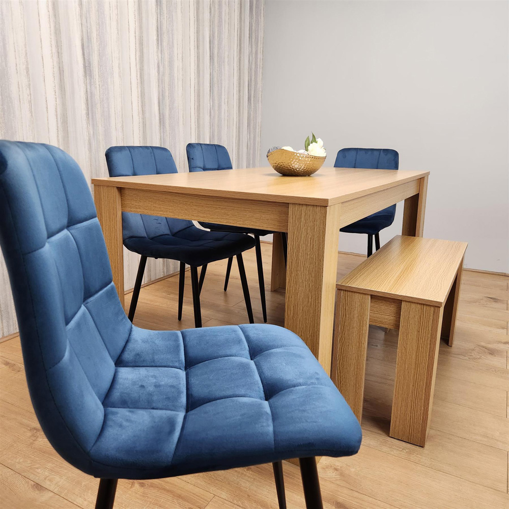 Portland 6 Seater Velvet Dining Bench Set Oak Effect and Blue Image 3