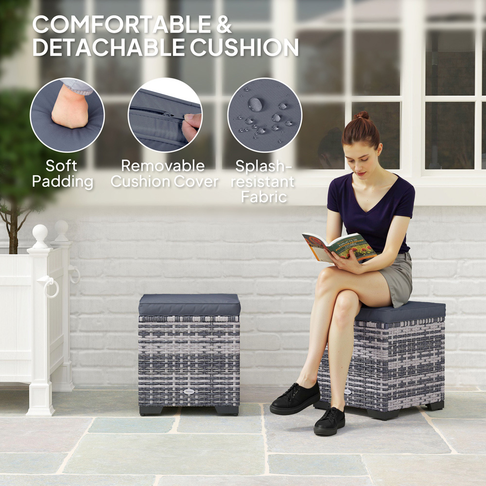 Outsunny Dark Grey Rattan Footstool with Storage Set of 2 Image 5