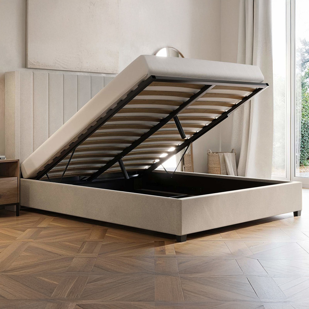 Flair Tiggy King Size Beige Velvet Ottoman Bed with Winged Headboard Image 4