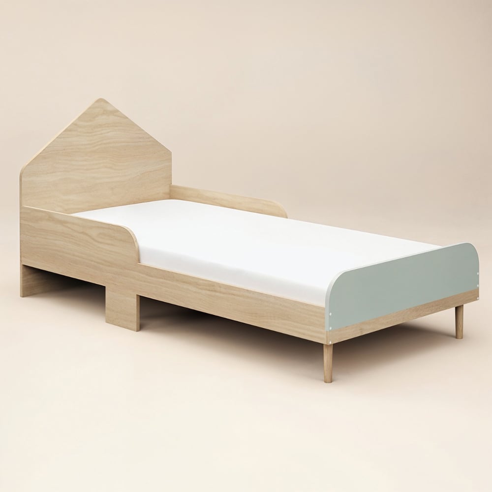 Flair Noah Single Green and Oak Bed Frame with House Shaped Headboard Image 2