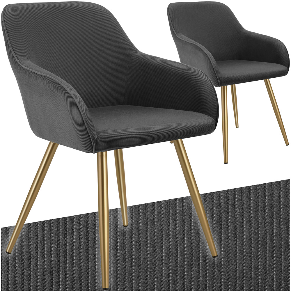tectake Marilyn Set of 2 Anthracite and Gold Corduroy Padded Dining Chair Image 2