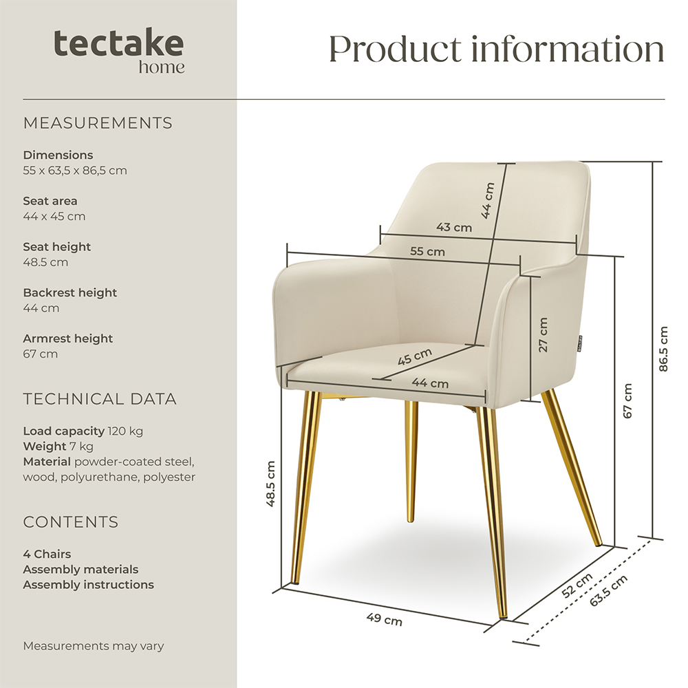 tectake Avane Set of 4 Beige Velvet Dining Chair Image 9