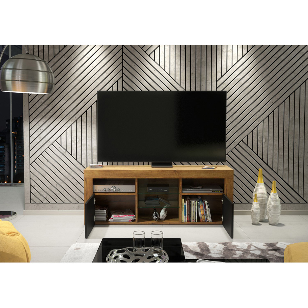 Creative Furniture Pulse Dark Oak and Black Matt 2 Door 5 Shelf TV Unit Image 6