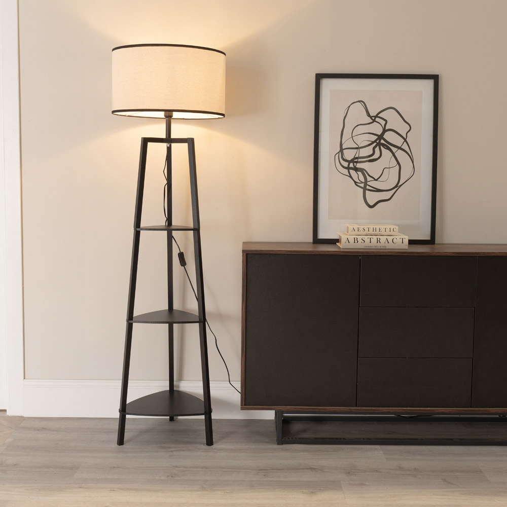ValueLights Hiru Black 3 Shelf Black Trim Linen Shade Floor Lamp with Bulb Image 2