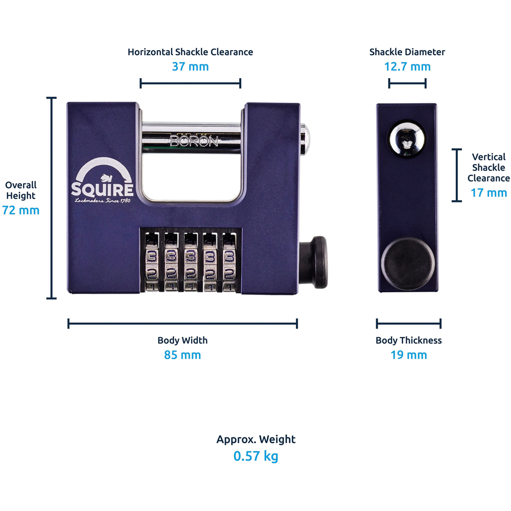 Squire Steel Shackle 5 Wheel Combination Block Lock 85mm Image 7