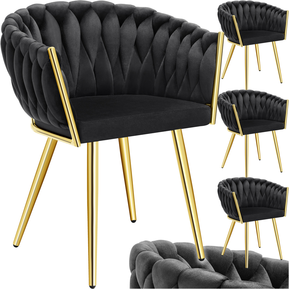 tectake Astano Set of 4 Black and Gold Velvet Padded Knot Design Dining Chair Image 2