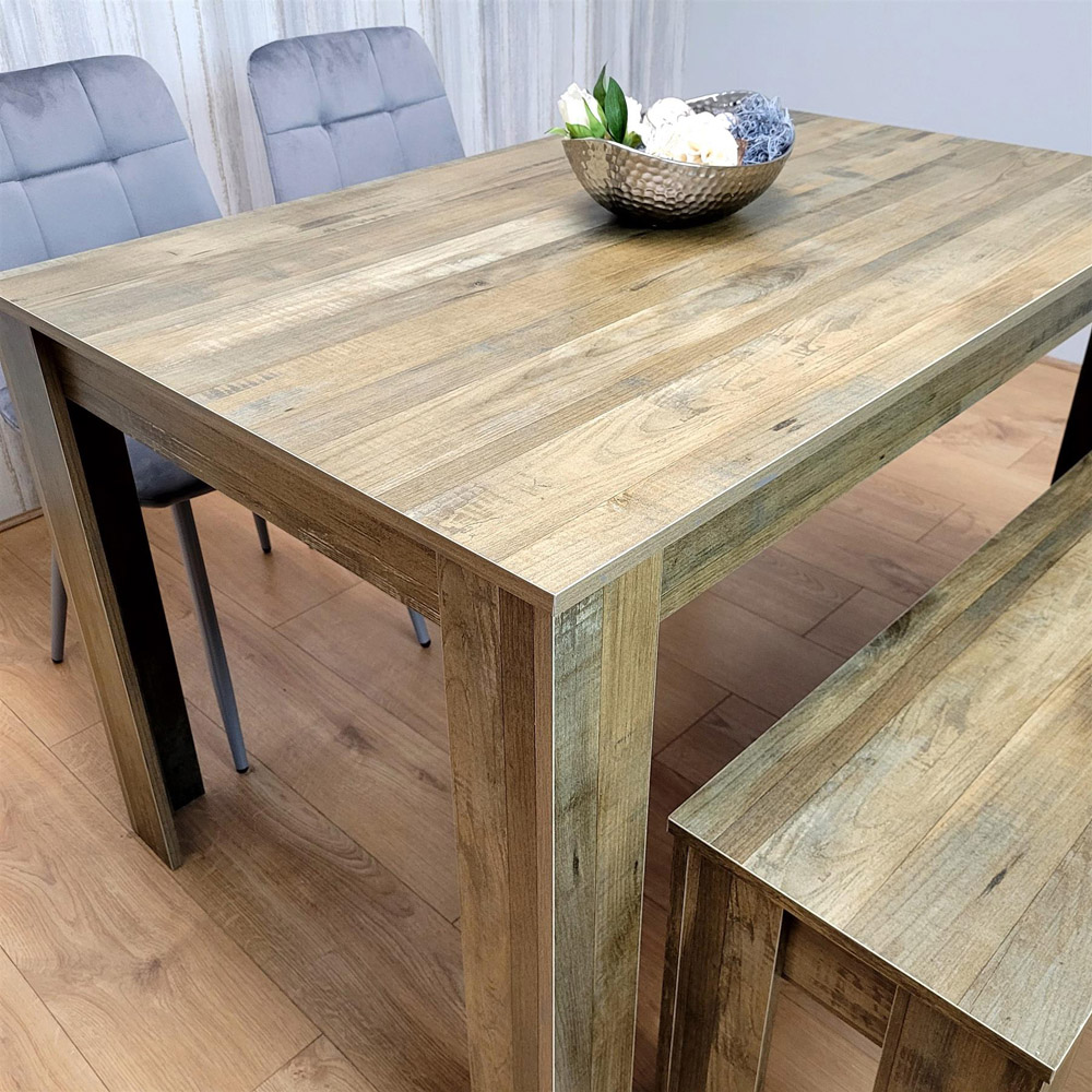 Portland 4 Seater Dining Set Rustic Effect and Grey Velvet with Bench Image 4