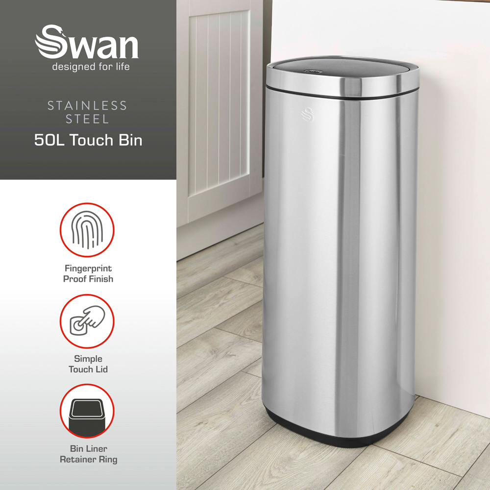 Swan Silver Stainless Steel Square Touch Bin 50L Image 3