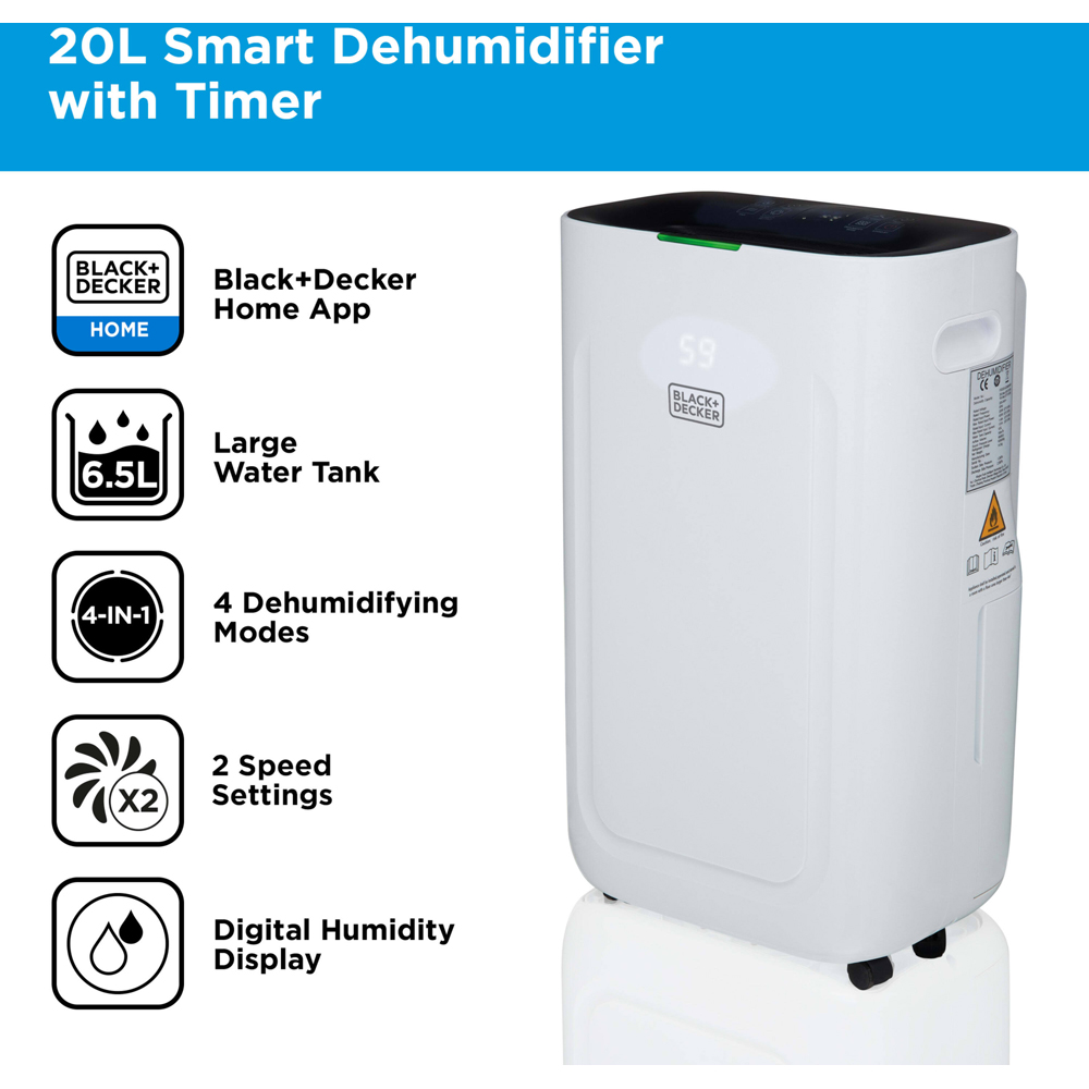 Black+Decker 20L Smart Dehumidifier with 24H Timer and 6.5L Water Tank Image 3