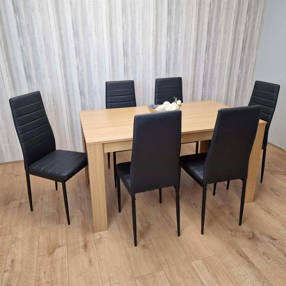 Portland 6 Seater Faux leather Dining Set Wooden Oak Effect and Black Image 5