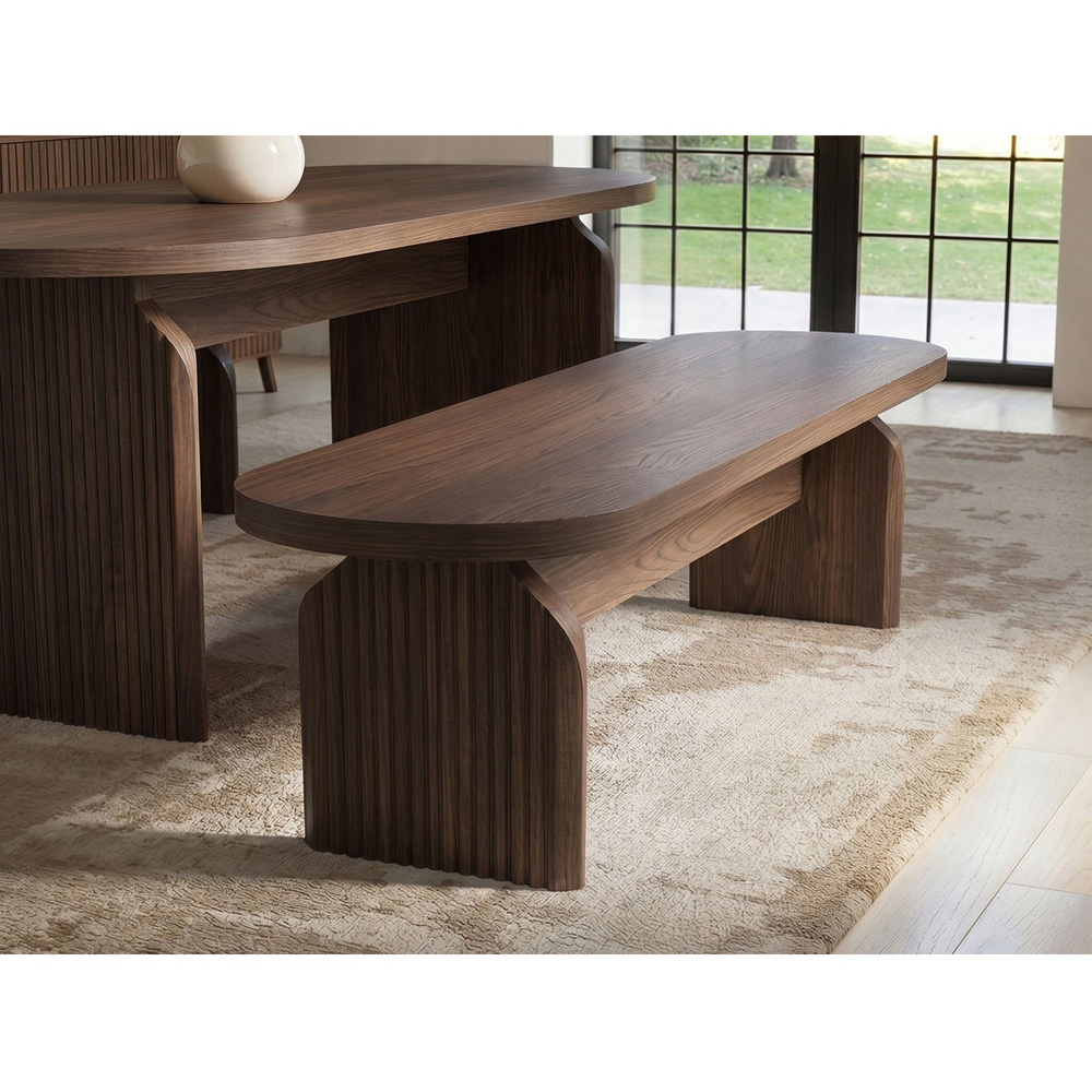 SOLACE+CO Varm Walnut Wood Effect 3 Seater Ribbed Dining Bench Image 4
