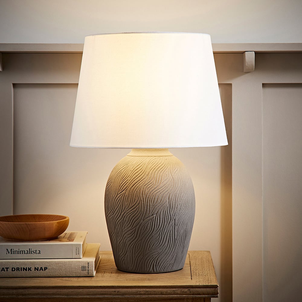 ValueLights Clint Grey Linen Tapered Shade Etched Hand Finished Ceramic LED Table Lamp Image 6