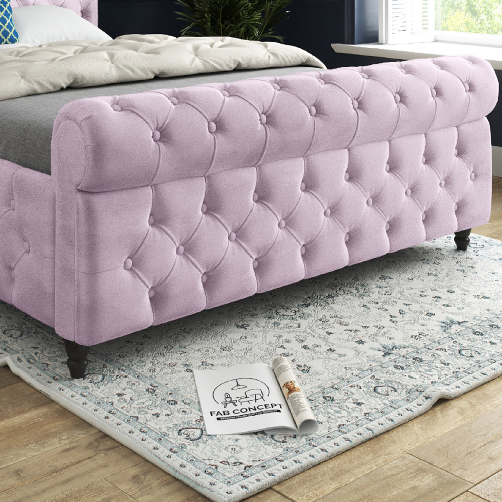 Savana Small Single Pink Soft Velvet Upholstered Sleigh Bed Frame with Scrolled Headboard Image 4