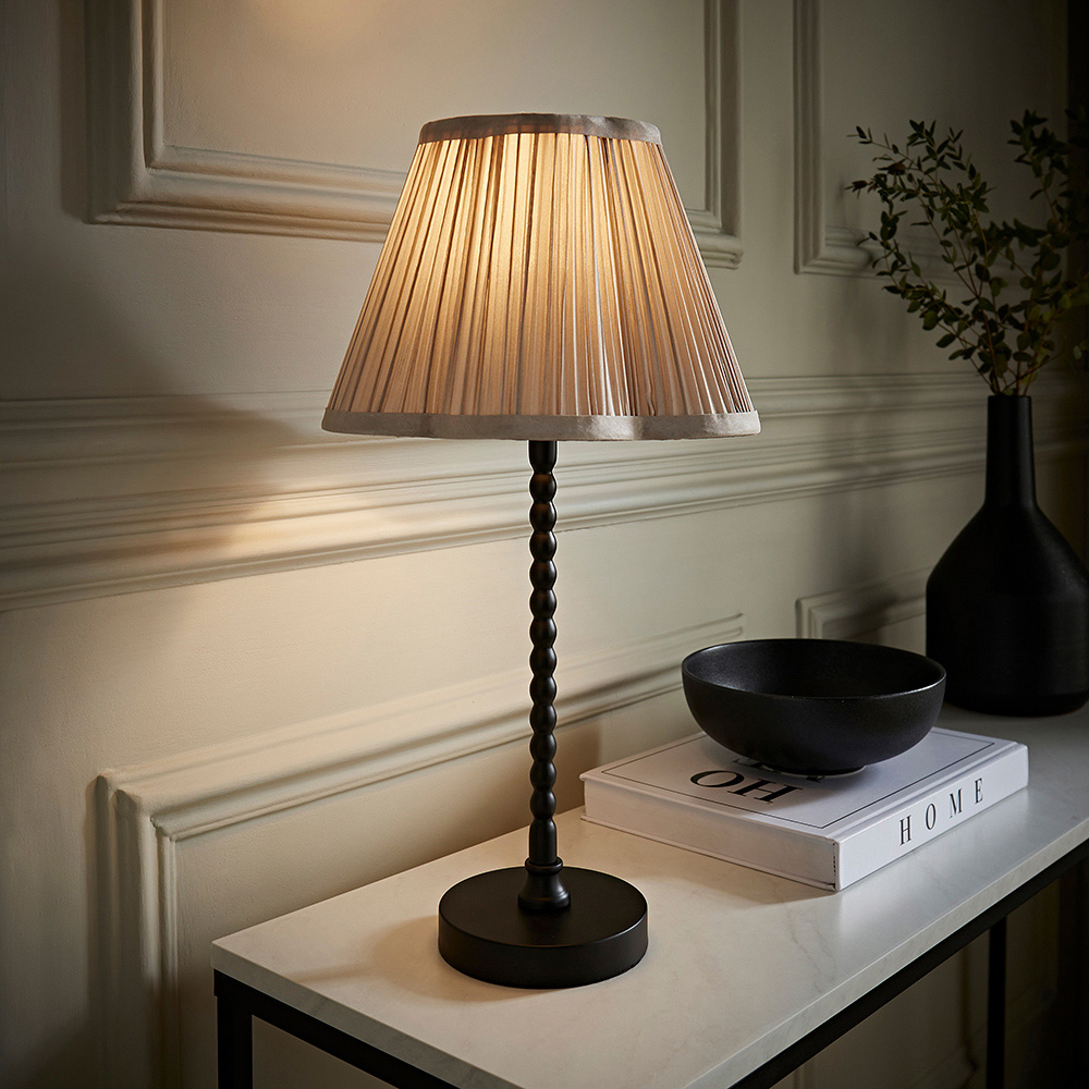 ValueLights Maeve Light Grey Pleated Faux Silk Scallop Shade Black Bobbin LED Table Lamp Image 6