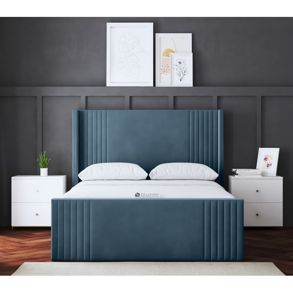 DS Living Elara Super King Blue Winged Panel Bed Frame with Headboard Image 4