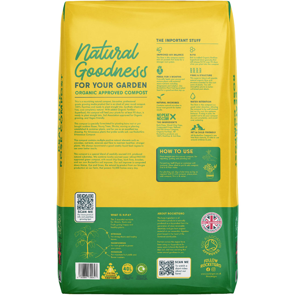 RocketGro Organic Approved Peat-Free Rose Tree and Shrub Compost Bag 40L 60 Pack Image 3