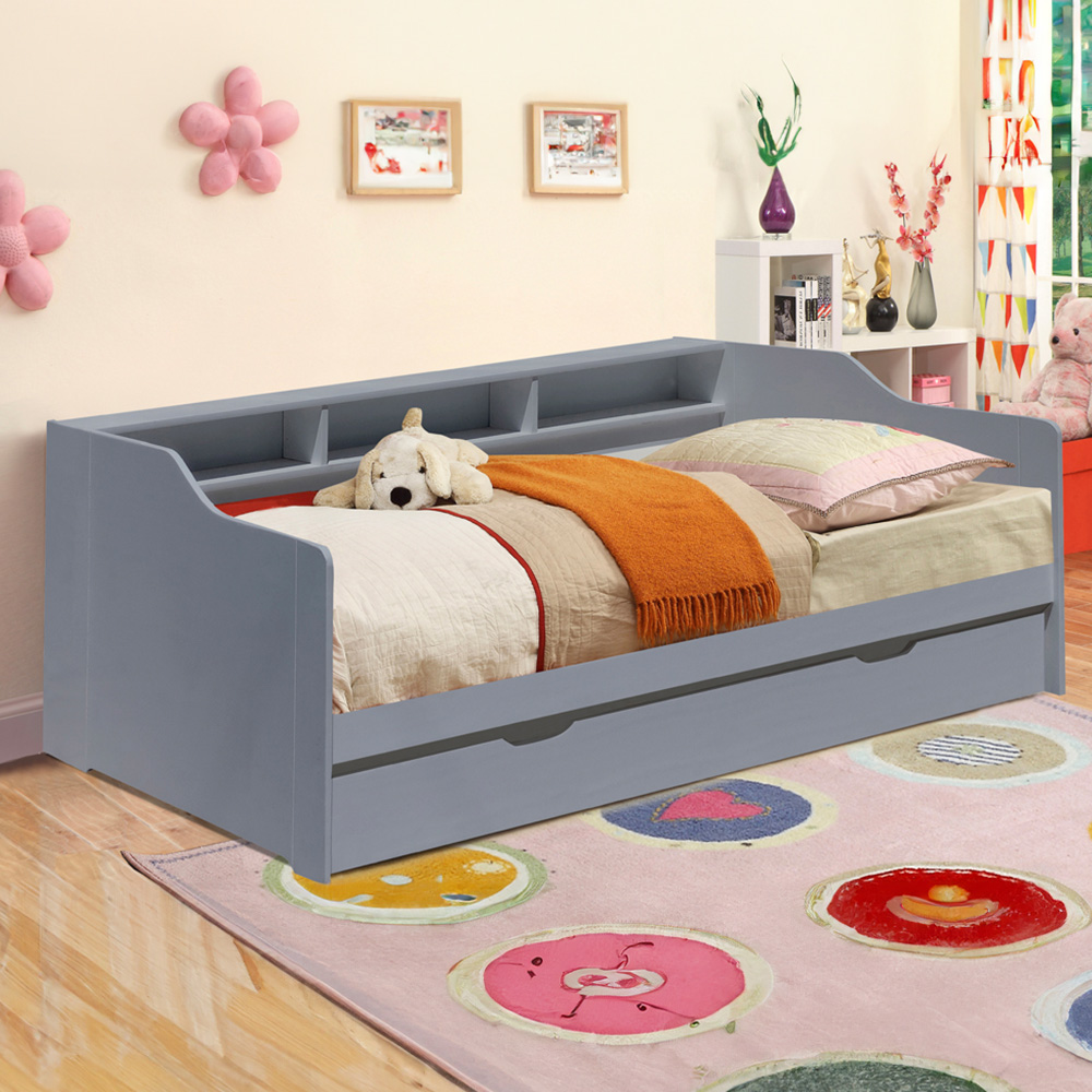 Comfy Living Single Grey Wooden Bed with Trundle and Shelves Image 1