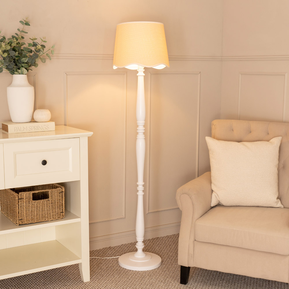 ValueLights Victoria Scallop White Edge Shade White Wood LED Floor Lamp Image 2
