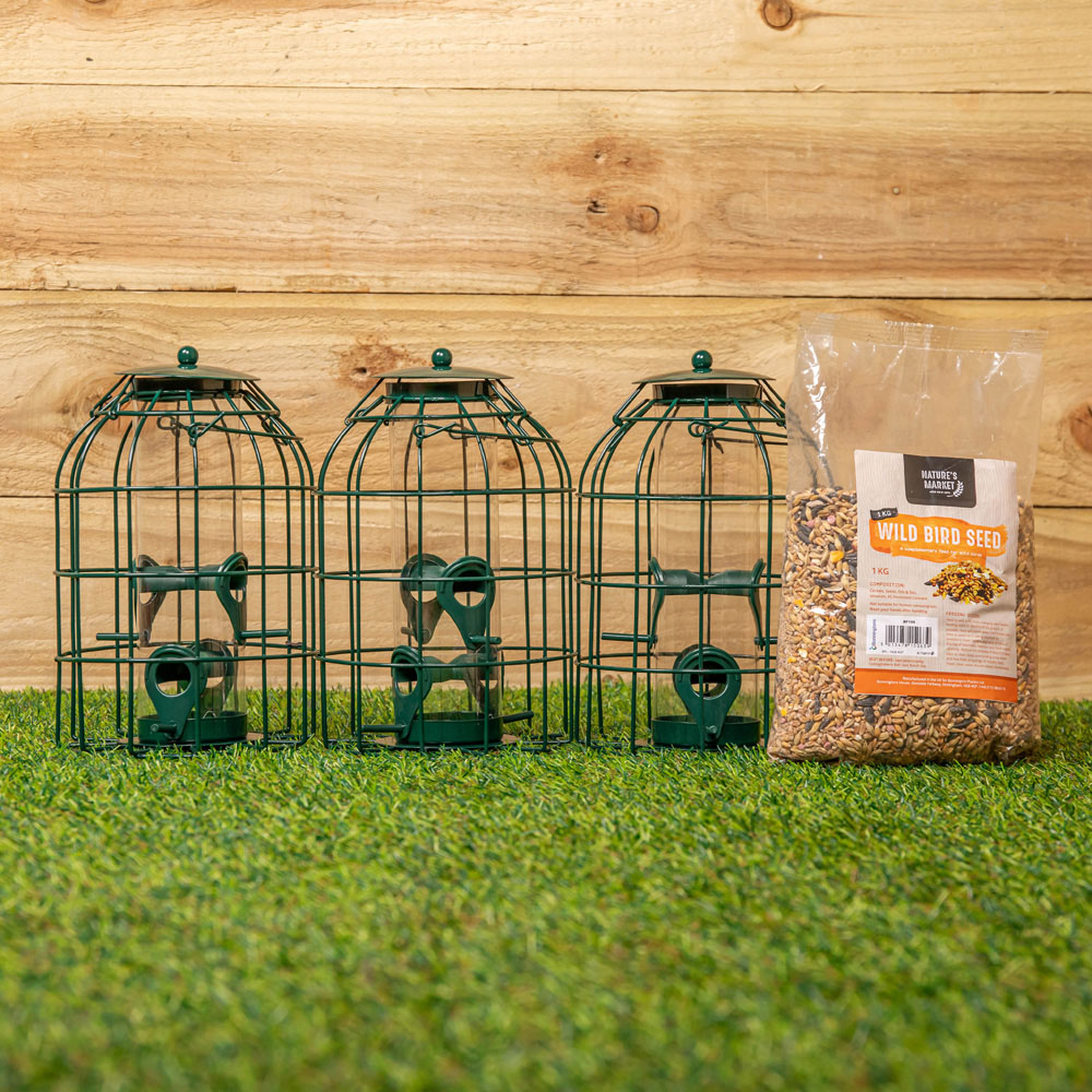Samuel Alexander Metal Hanging Bird Seed Feeder with Squirrel Guard 3 Pack and 1kg Seed Feed Image 2