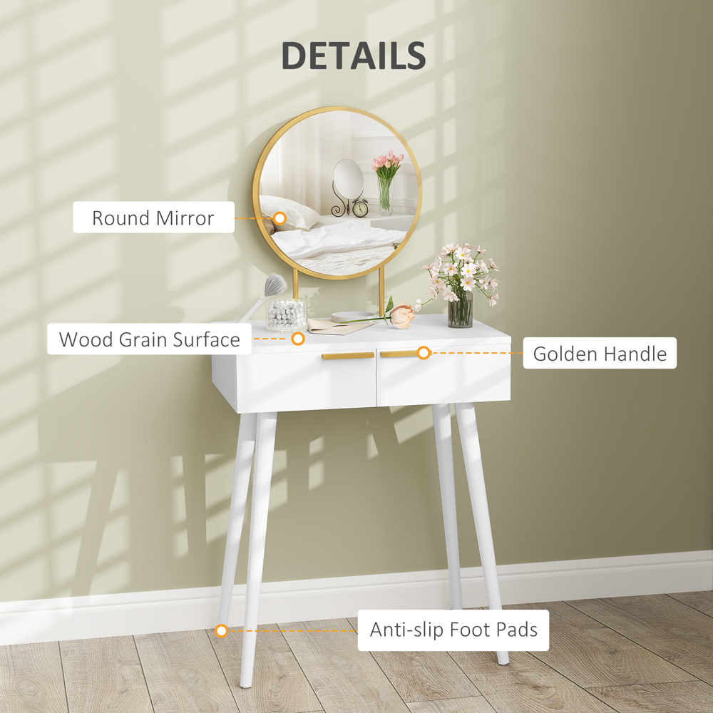 Portland 2 Drawer White Dressing Table with Round Mirror Image 8