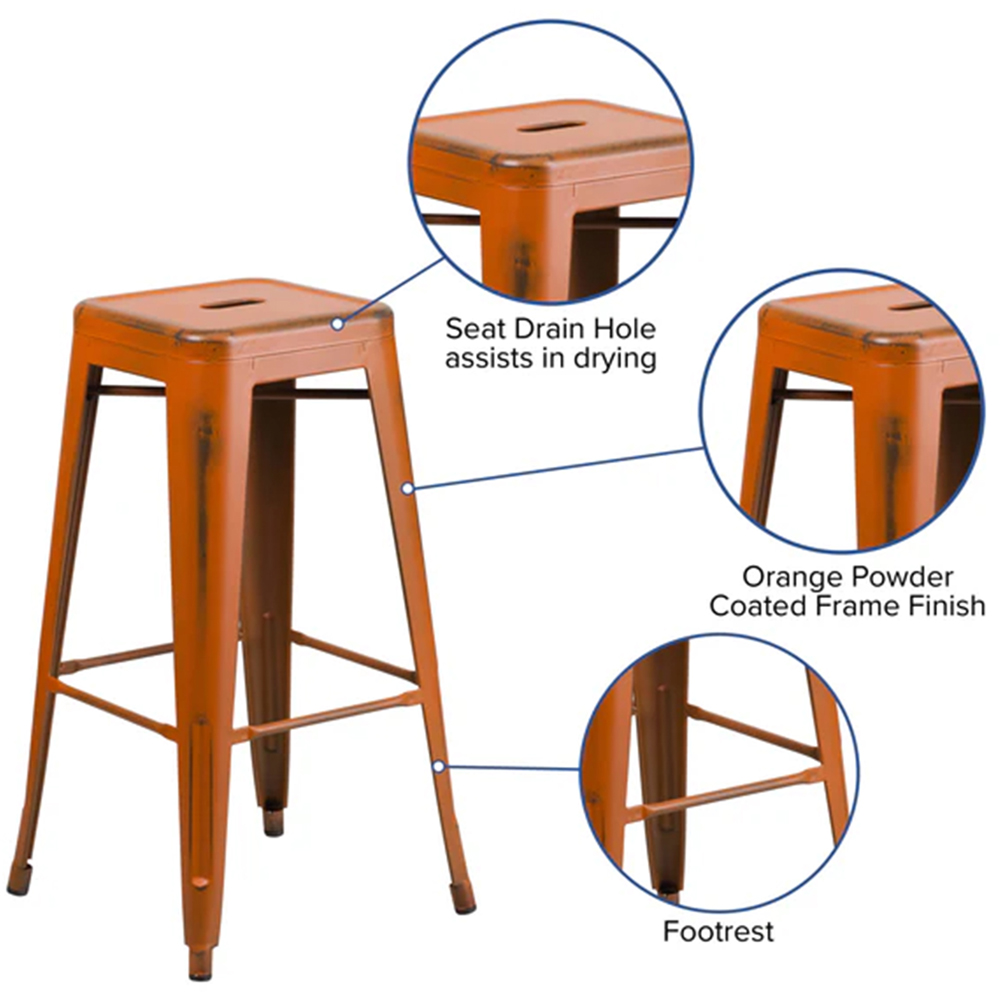 FWStyle Set of 4 Orange Distressed Steel Assembled Bar Stool Image 6