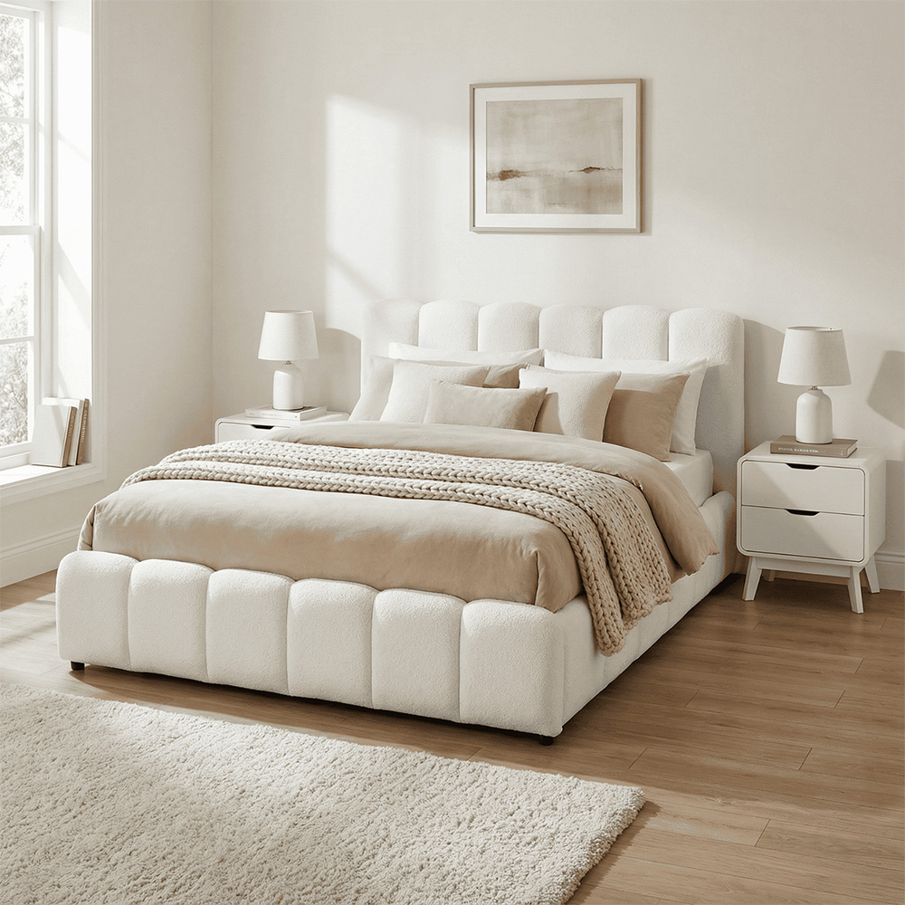 Home Source Bubble King Size White Textured Velvet Lift-Up Ottoman Bed with Fluted Headboard Image 8