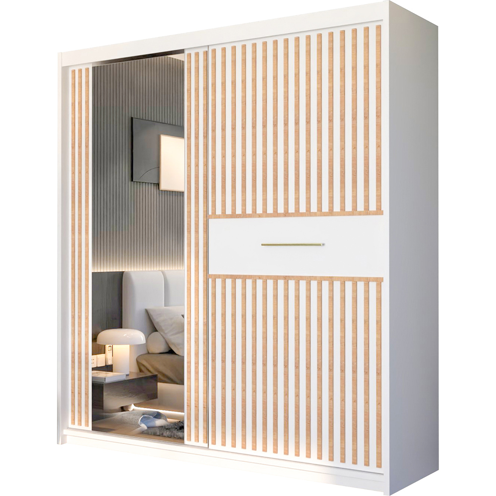 M N Furniture Laiyal 2 Door White Mirrored Sliding Wardrobe with Oak Strip 203cm Image 2