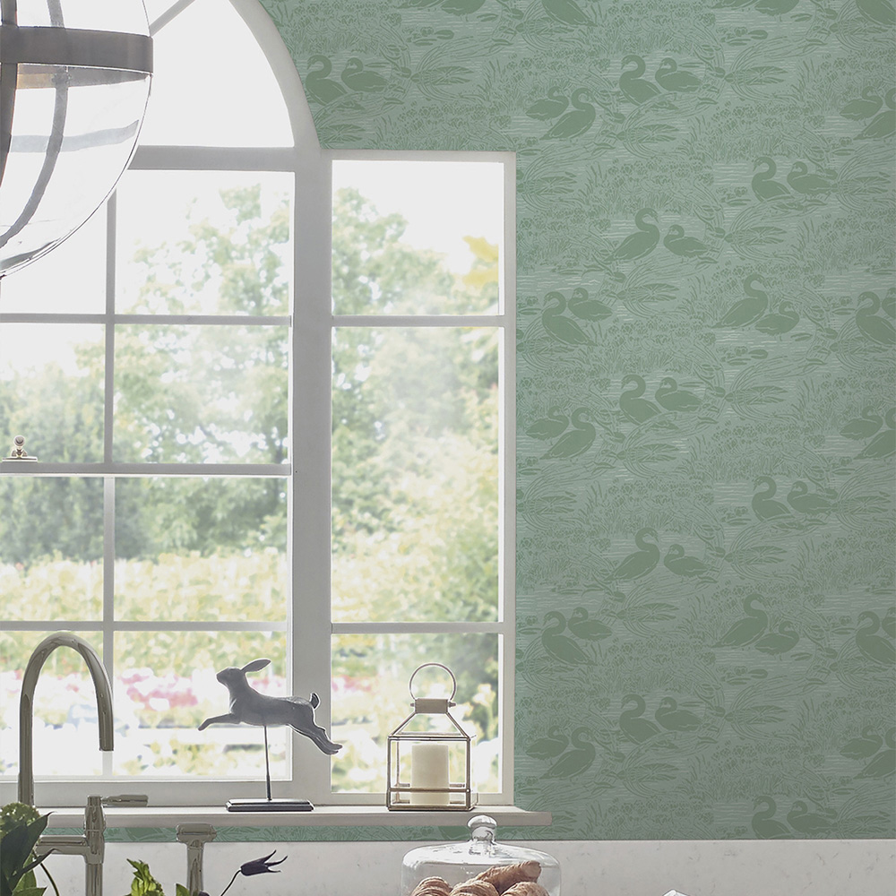Laura Ashley Swans Jade Green Wallpaper Image 3