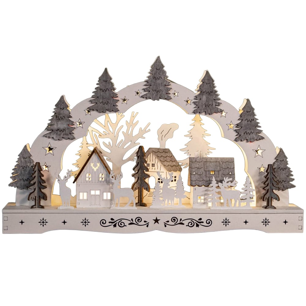 Samuel Alexander White Wooden Christmas Candle Bridge with Reindeer and Village Scene Image 1