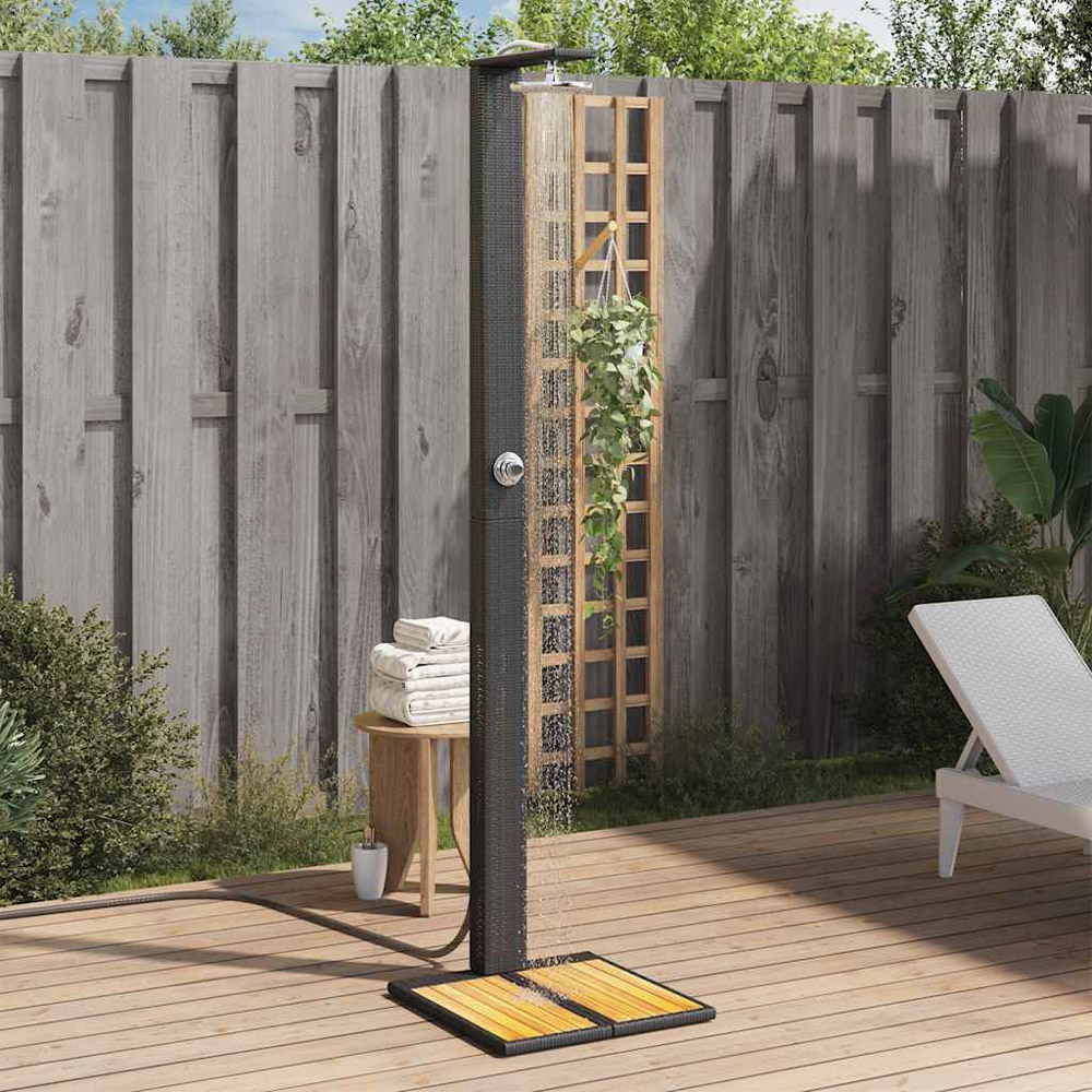 Wallplus Black Poly Rattan and Acacia Wood Outdoor Shower with PVC Hose and Alloy Handle 224cm Image 2