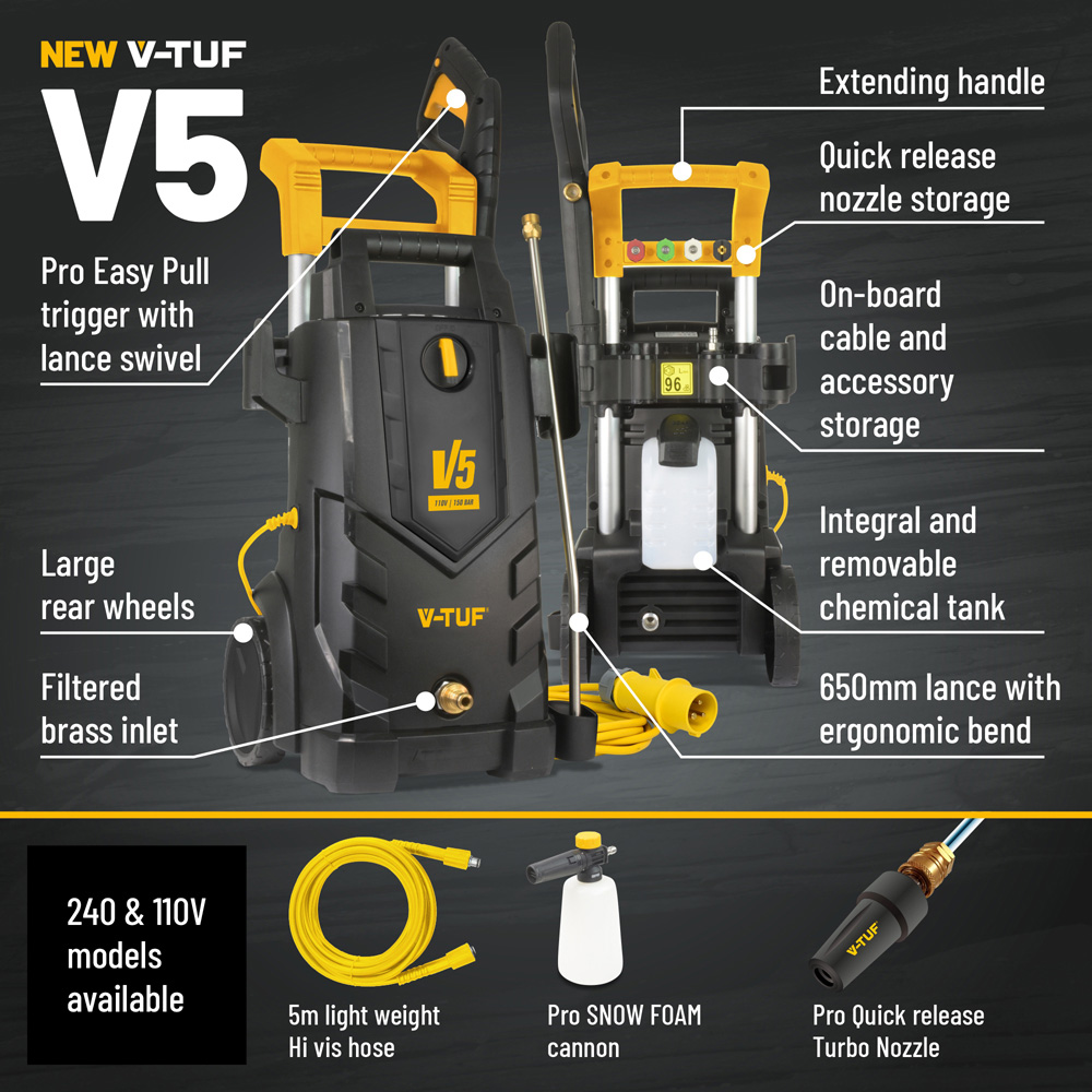 V-TUF V5 110v X2 Tough DIY Site Electric Pressure Washer 150Bar with Hose and Cable Image 4