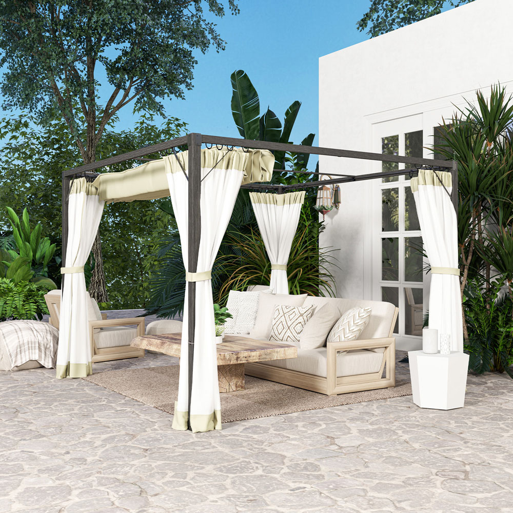 Outsunny 3 x 3m Khaki Pergola with Retractable Roof and Netting Image 3