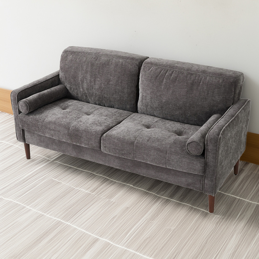 Living and Home 2 Seater Grey Soft Chenille Upholstered Sofa with Cylindrical Pillows Image 1