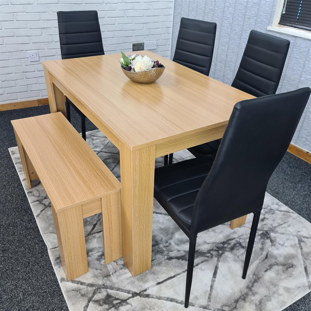 Portland 6 Seater Square Leather Dining Table Set Oak Effect and Black Image 7