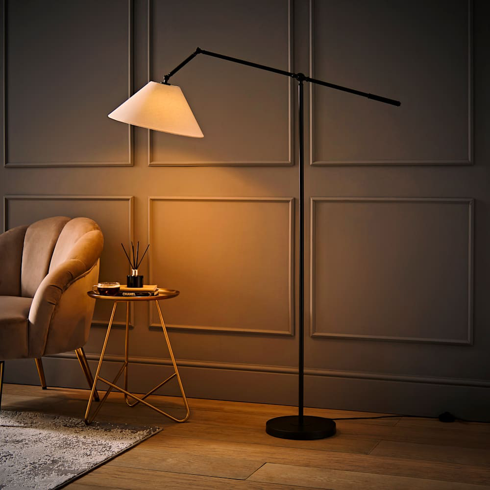 ValueLights Layla Black Adjustable Floor Lamp with Linen Shade and Bulb Image 2