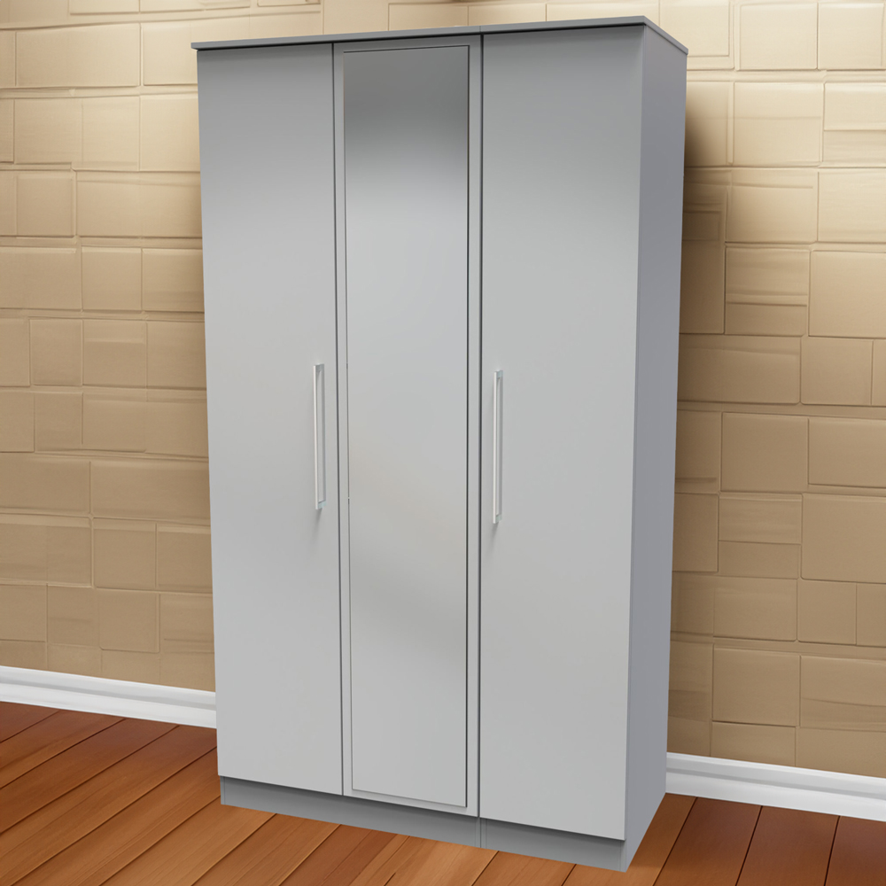 Crowndale Worcester 3 Door Uniform Grey and Dusk Grey Mirrored Wardrobe Ready Assembled Image 1