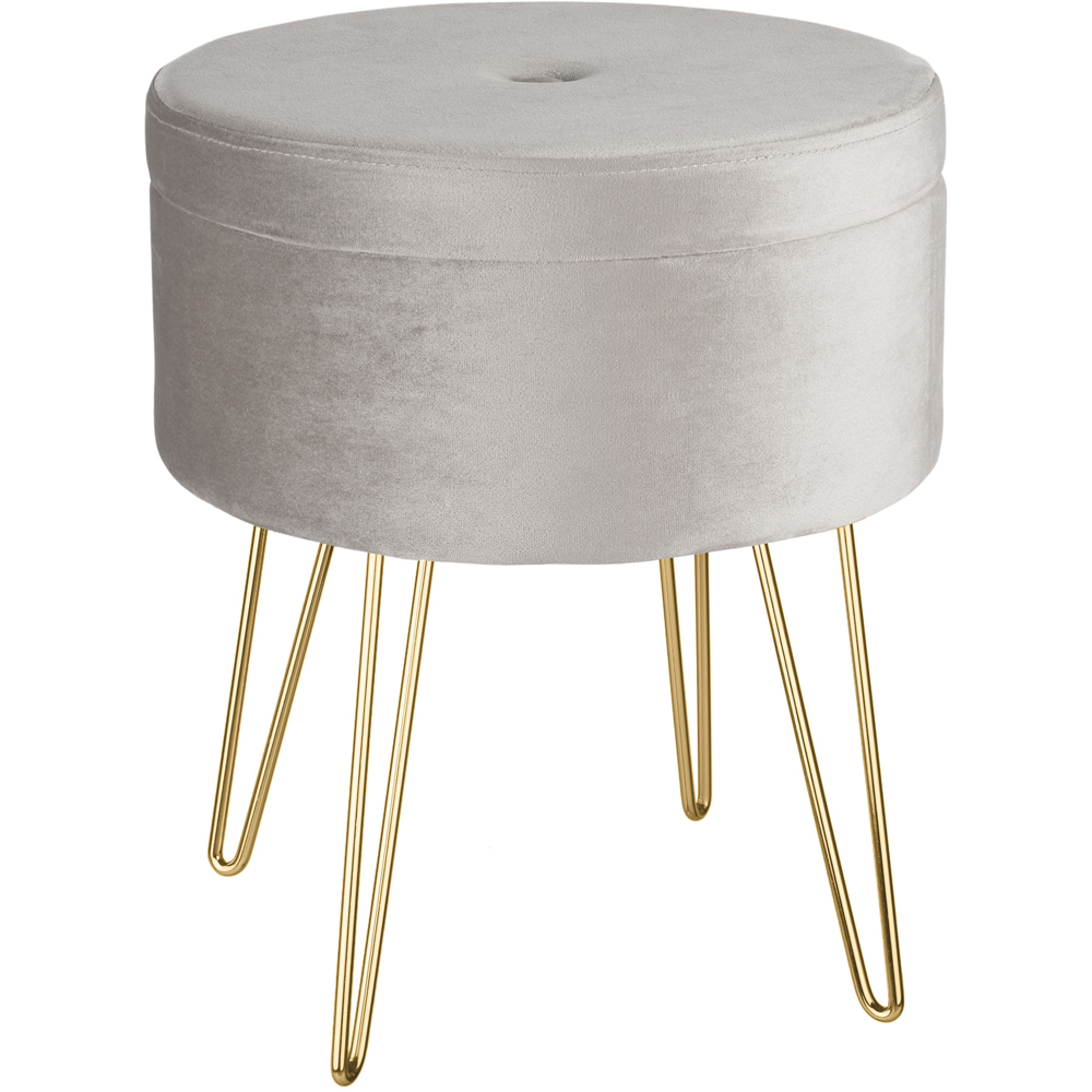 tectake Ava Light Grey Velvet Look Padded Round Stool with Storage Image 2