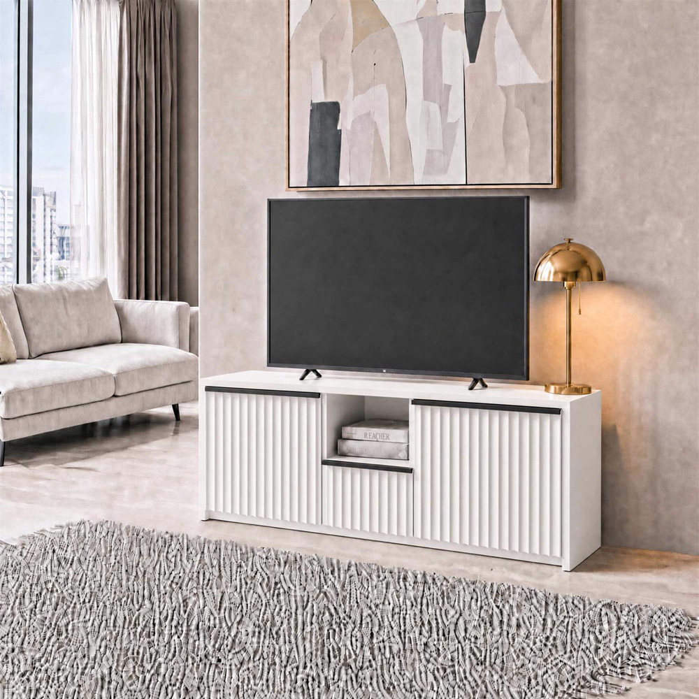 FWStyle Lania Matt White 2 Door Single Drawer Single Shelf Scalloped TV Unit Image 5